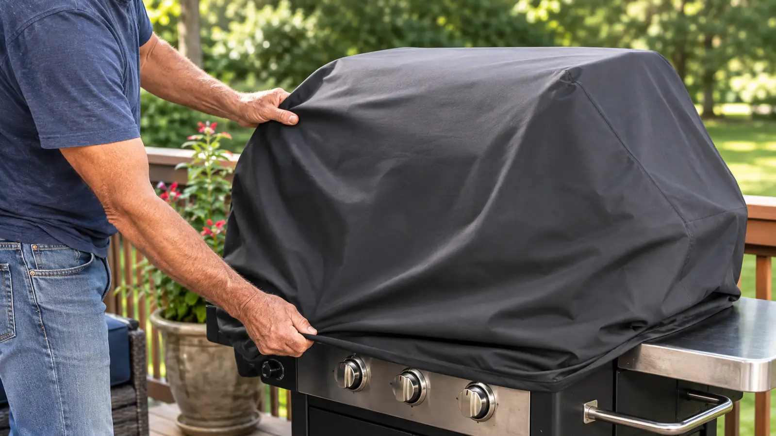 Hands pulling a fitted grill cover down over an outdoor grill