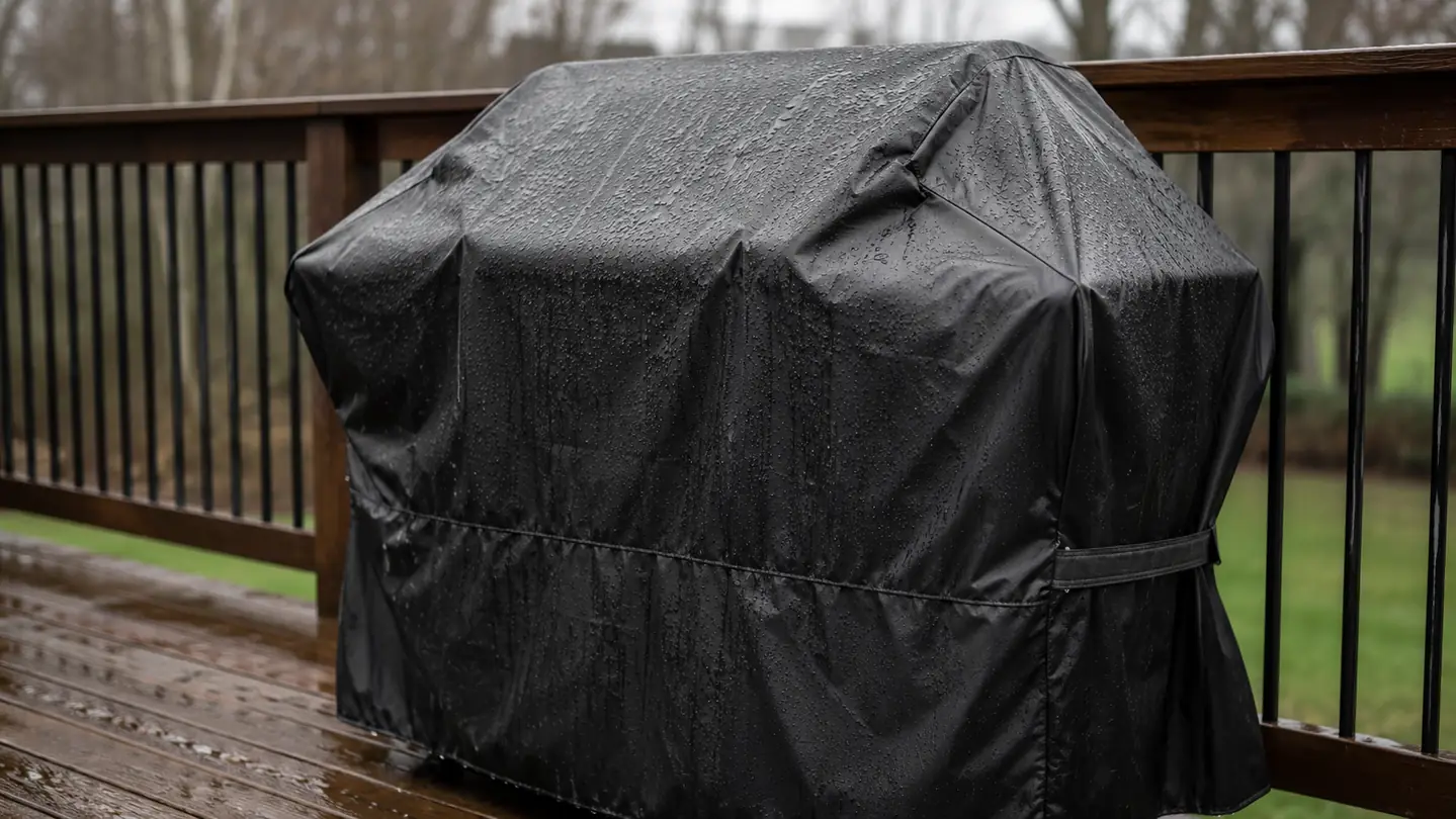 Covered grill on a wooden deck with rain beading on the fabric