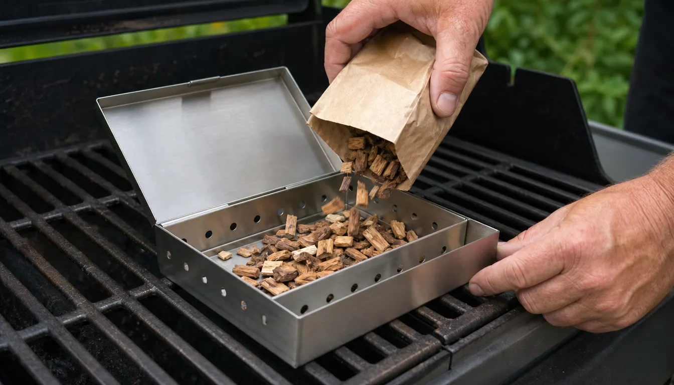 Hands filling a smoker box with dry wood chips on a grill grate