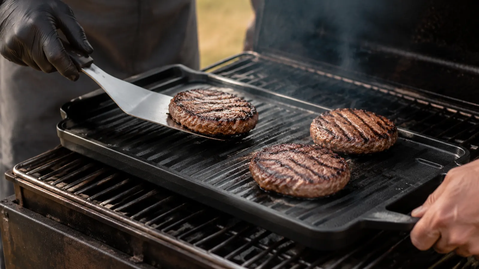 A cook in a grill glove turns a burger on a large griddle set over a hot grill.