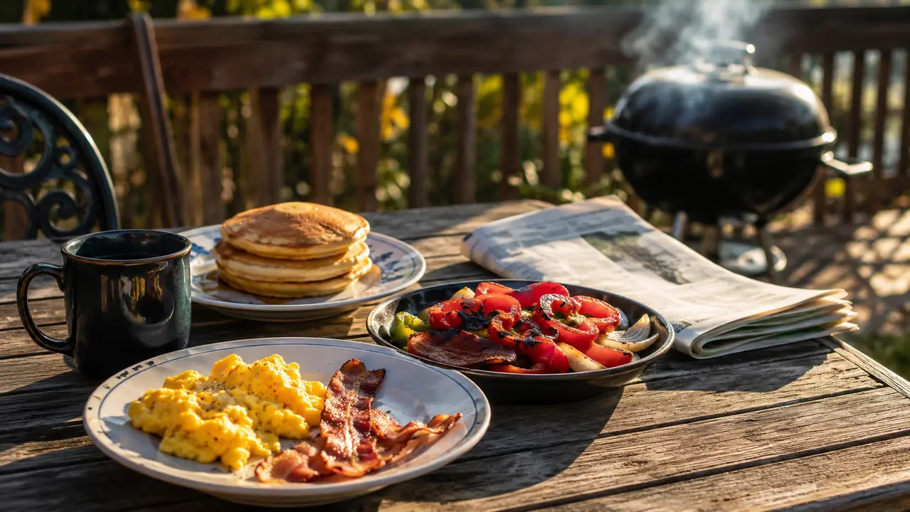 A breakfast spread of eggs, bacon, pancakes, and grilled peppers on a backyard table.
