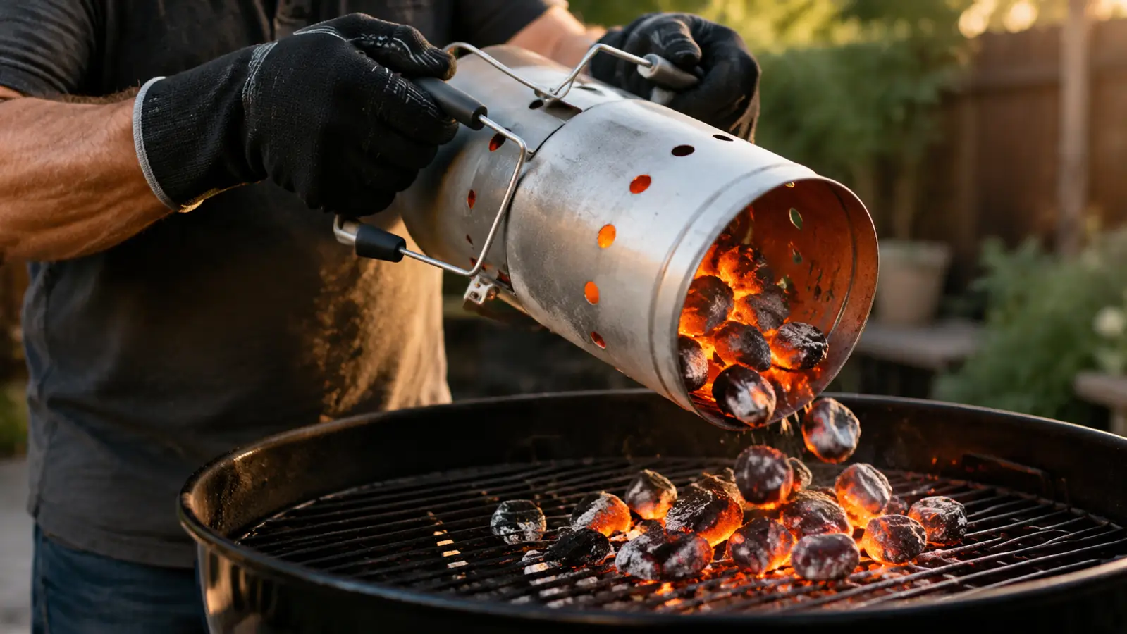Hands in heat-resistant gloves pouring glowing charcoal from a chimney starter into a grill