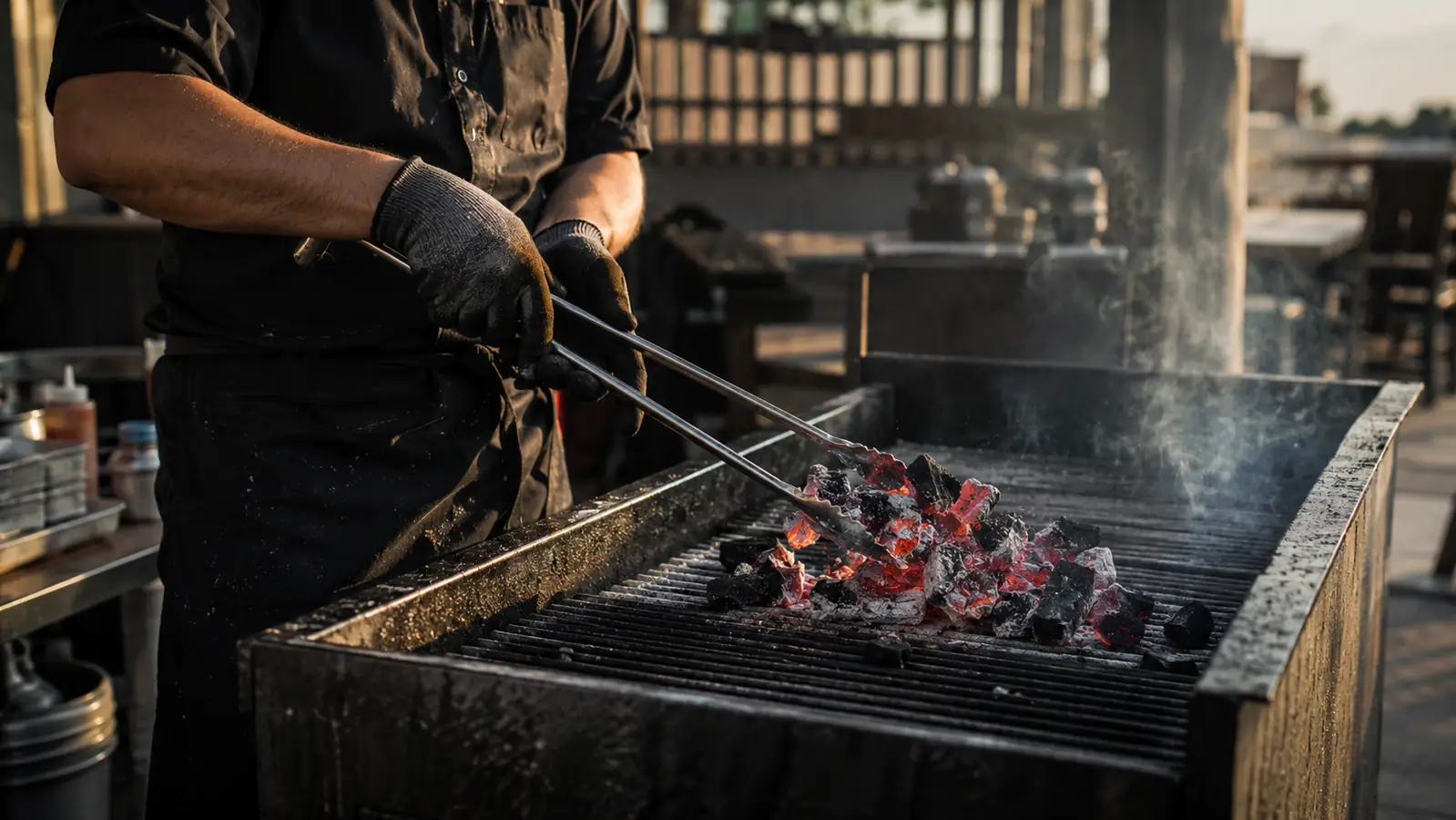 A cook in work gloves uses tongs to spread glowing charcoal on a grill grate