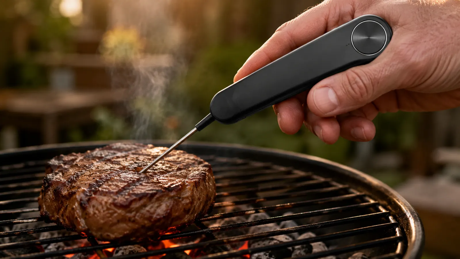 A cook's hand inserts the slim probe of a digital instant-read thermometer into a steak on a grill grate.