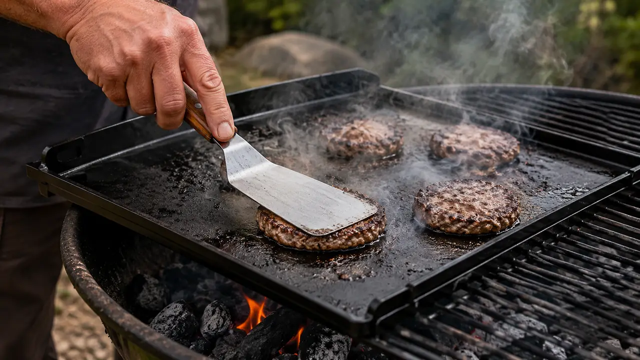 A hand pressing a burger with a spatula on the griddle insert over charcoal as smoke rises.