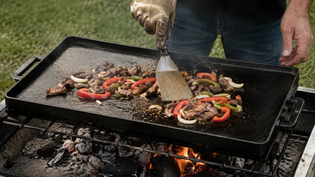 A cook wearing a glove scrapes the griddle surface with a metal spatula while food cooks over an outdoor fire.
