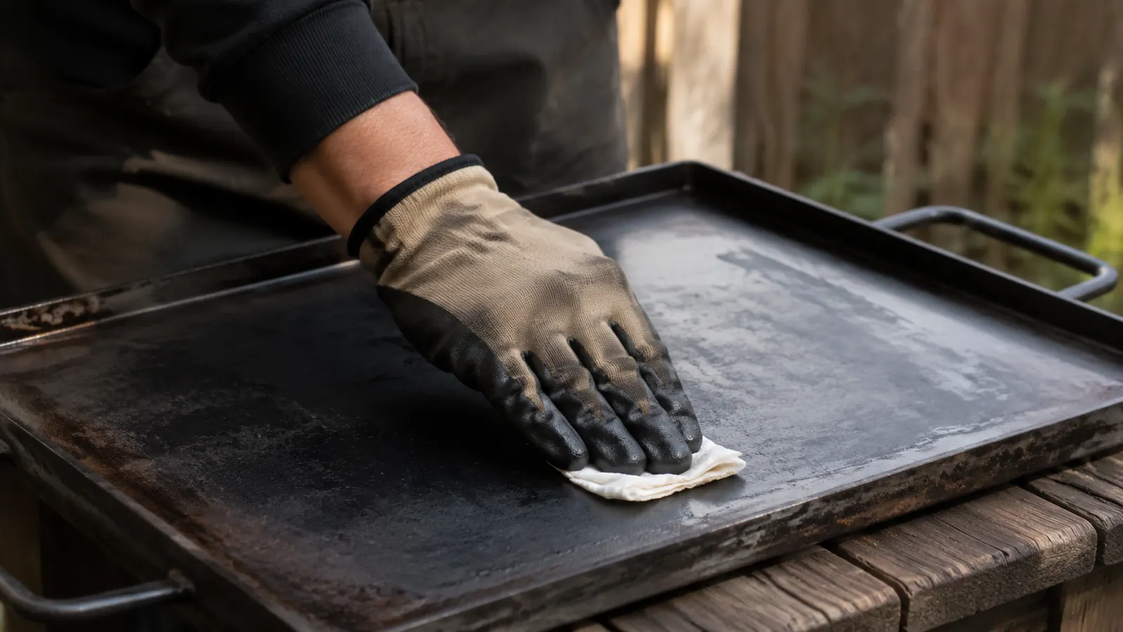 After cooking, a person in a work glove wipes a light layer of oil onto the griddle with a folded paper towel outdoors.