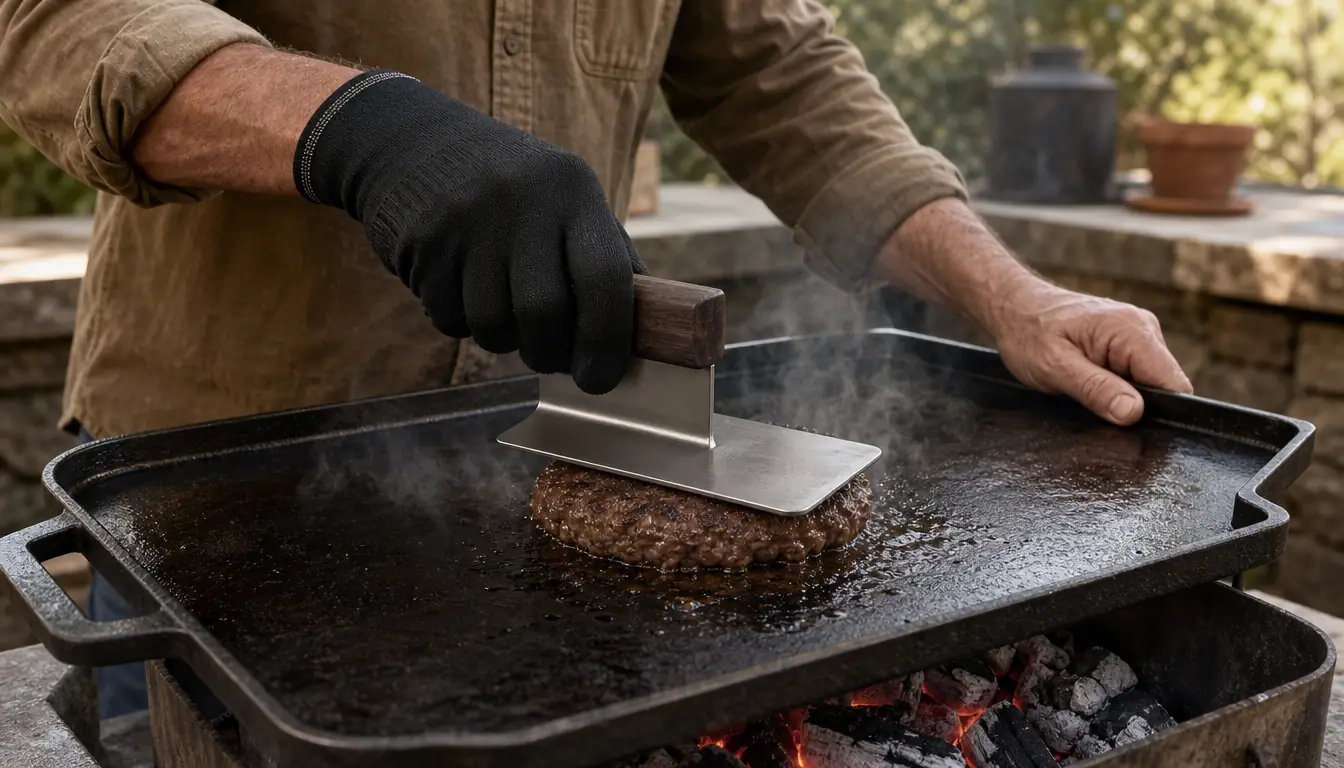 Hand in a heat-proof glove pressing a burger patty flat on the cast iron griddle over open coals