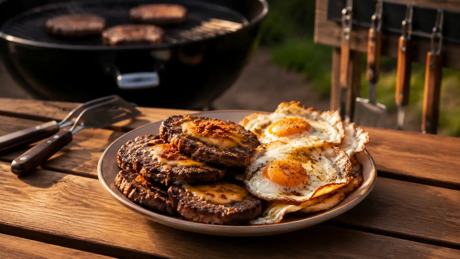 Plate of cooked smash burgers and eggs on a picnic table near a charcoal grill, with a cast iron griddle visible in the background
