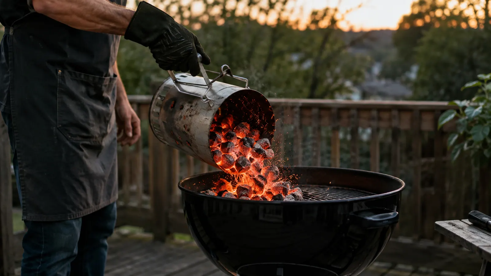 Glowing charcoal being poured from a chimney starter into a kettle style charcoal grill at dusk.
