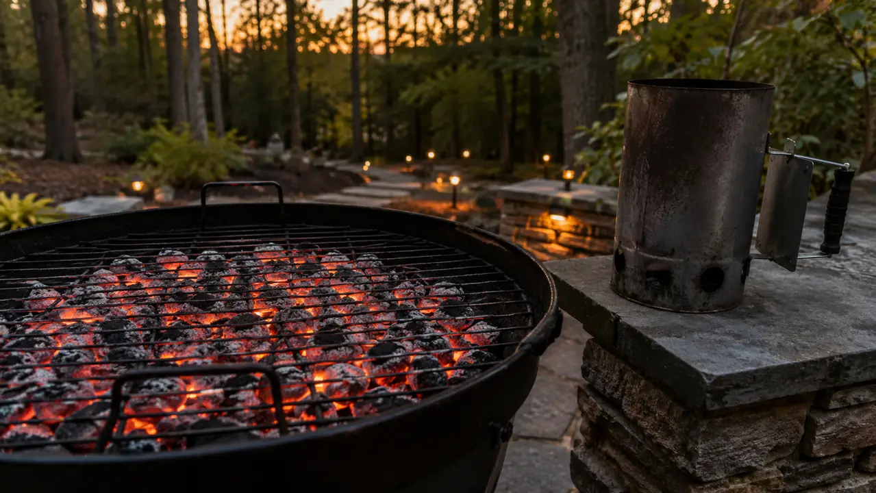 Charcoal grill with an even layer of glowing coals and a chimney starter resting on a stone ledge