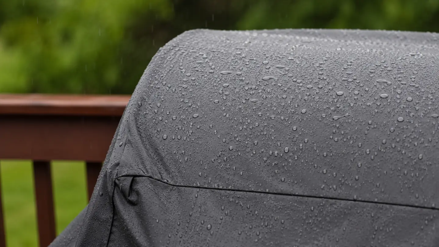 raindrops beaded along the top edge of a grill cover during a passing shower