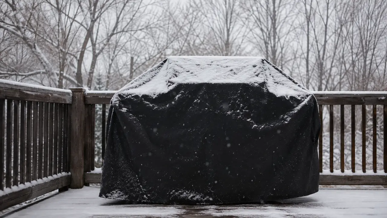 A covered grill on a deck under a light winter snow with the trees of a north Georgia yard behind it.