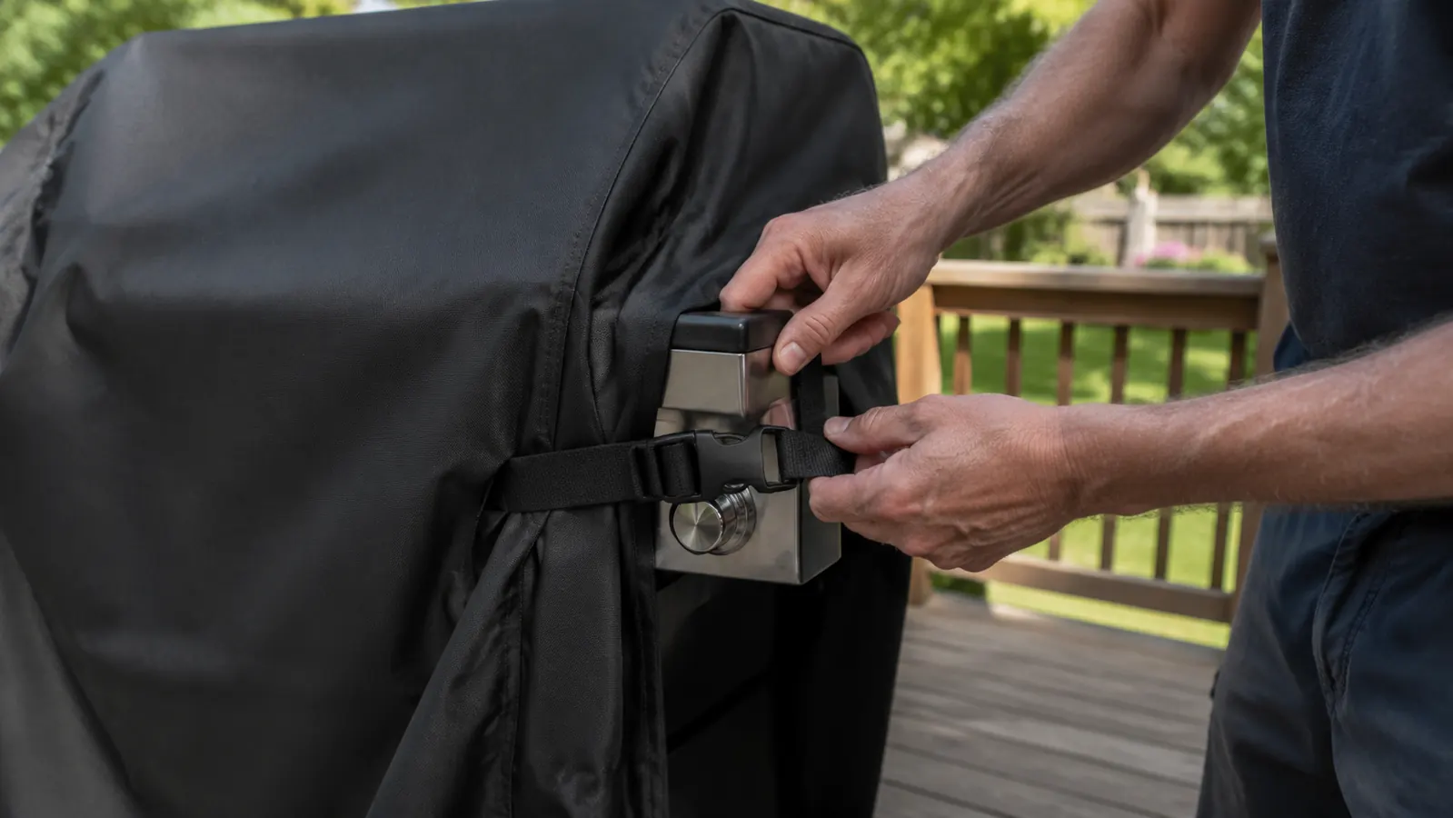 A hand buckling the side strap of a grill cover on a deck