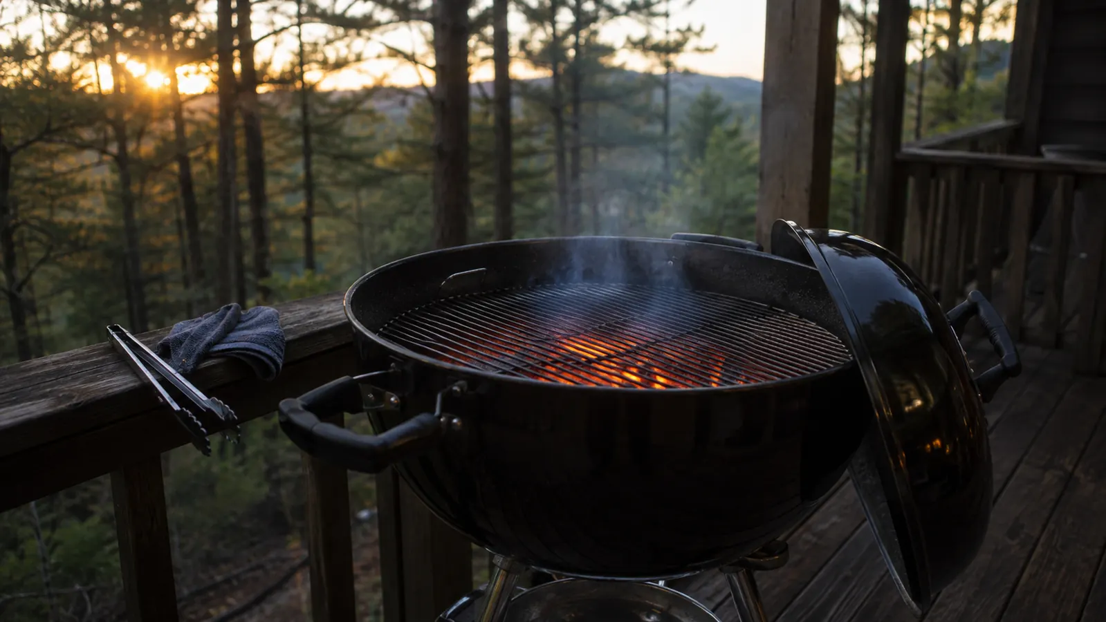 A charcoal kettle grill running on a covered wooden back deck at dusk, lid off, coals glowing under a grate