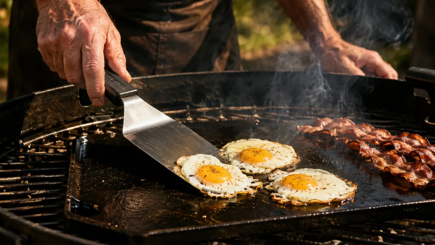 A cook's hand slides a metal spatula under eggs on the flat surface of the griddle insert while bacon cooks nearby.
