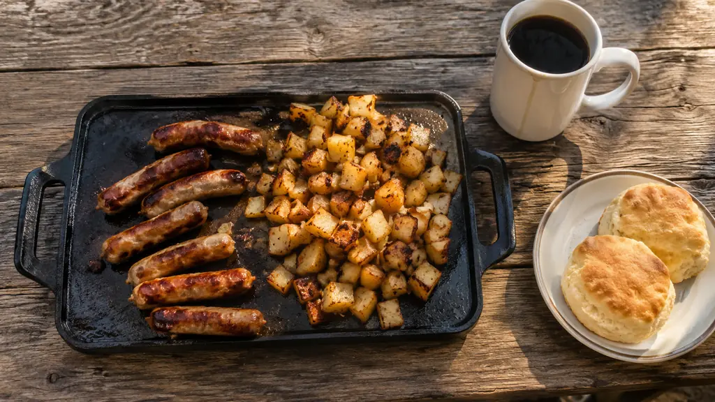 Cooked breakfast on a griddle insert set on a wooden table next to coffee and biscuits.