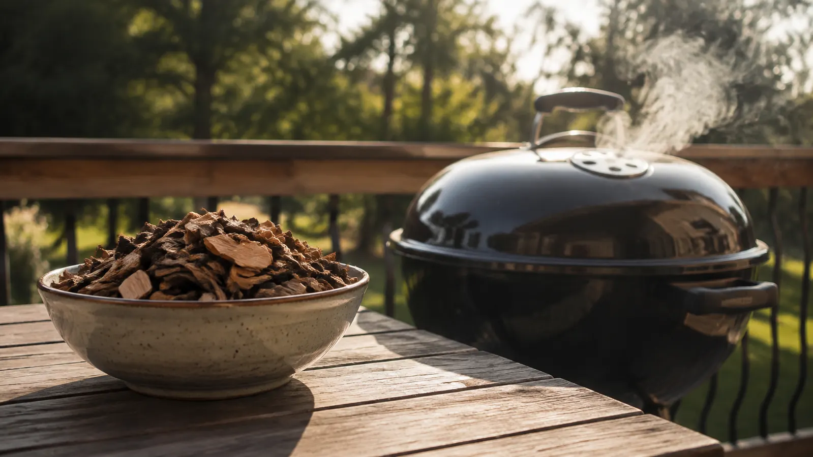 A bowl of dry wood chips on a patio table beside a closed charcoal grill