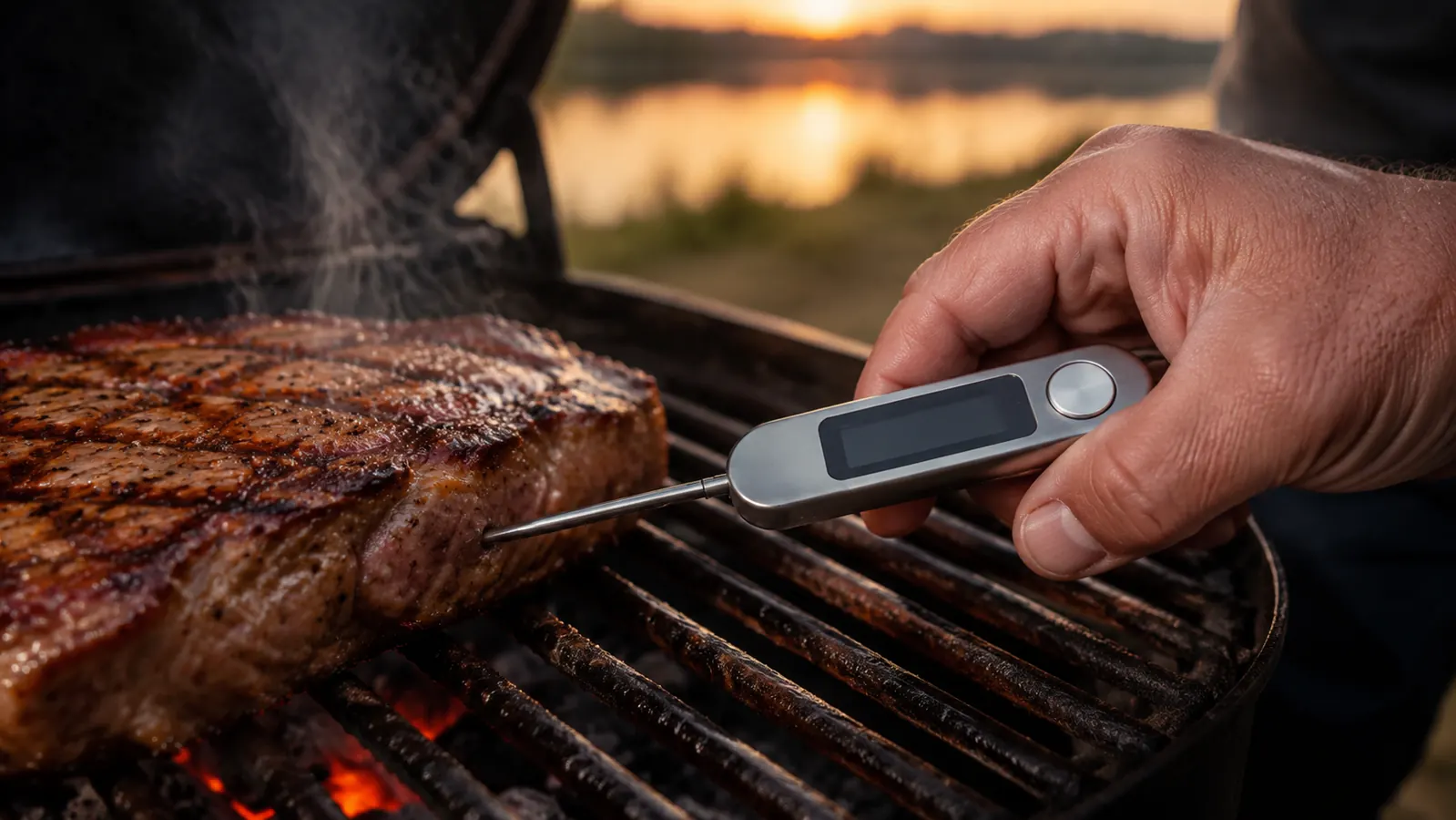 Hand inserting an instant-read thermometer into the side of a steak on a grill grate