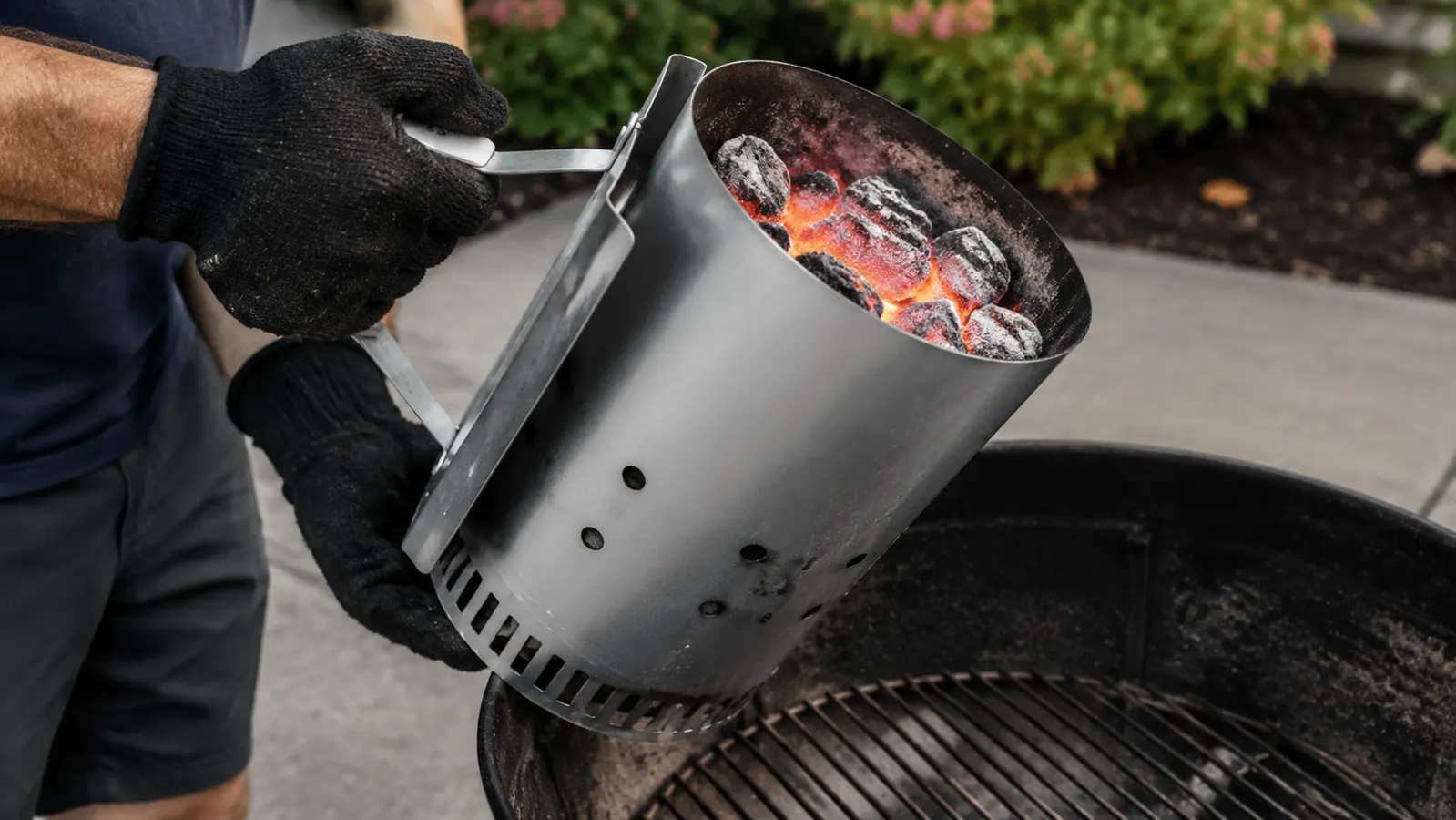A cook wearing a heavy glove pours glowing coals from a chimney starter into a grill