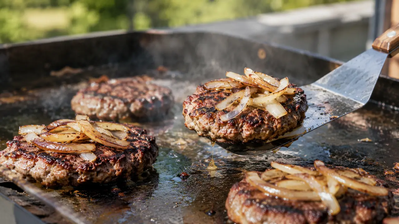 Seared burgers and sliced onions cooking on a seasoned griddle, outdoor grill setting