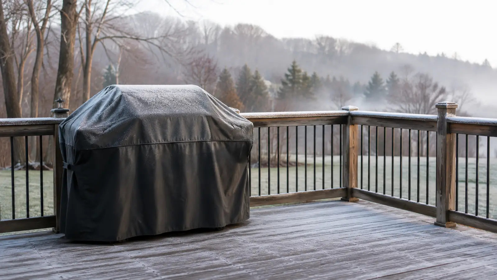 The covered grill standing on a frosty deck in early winter
