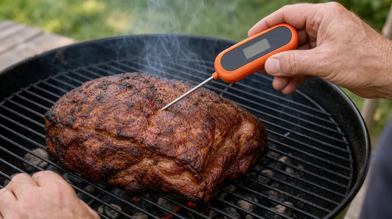 A hand inserting an instant-read thermometer into a large pork shoulder cooking on a charcoal grill.