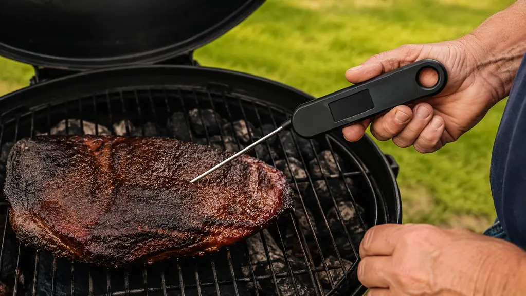 A hand holding a digital meat thermometer with the probe inserted into a large cut of meat on a grill grate