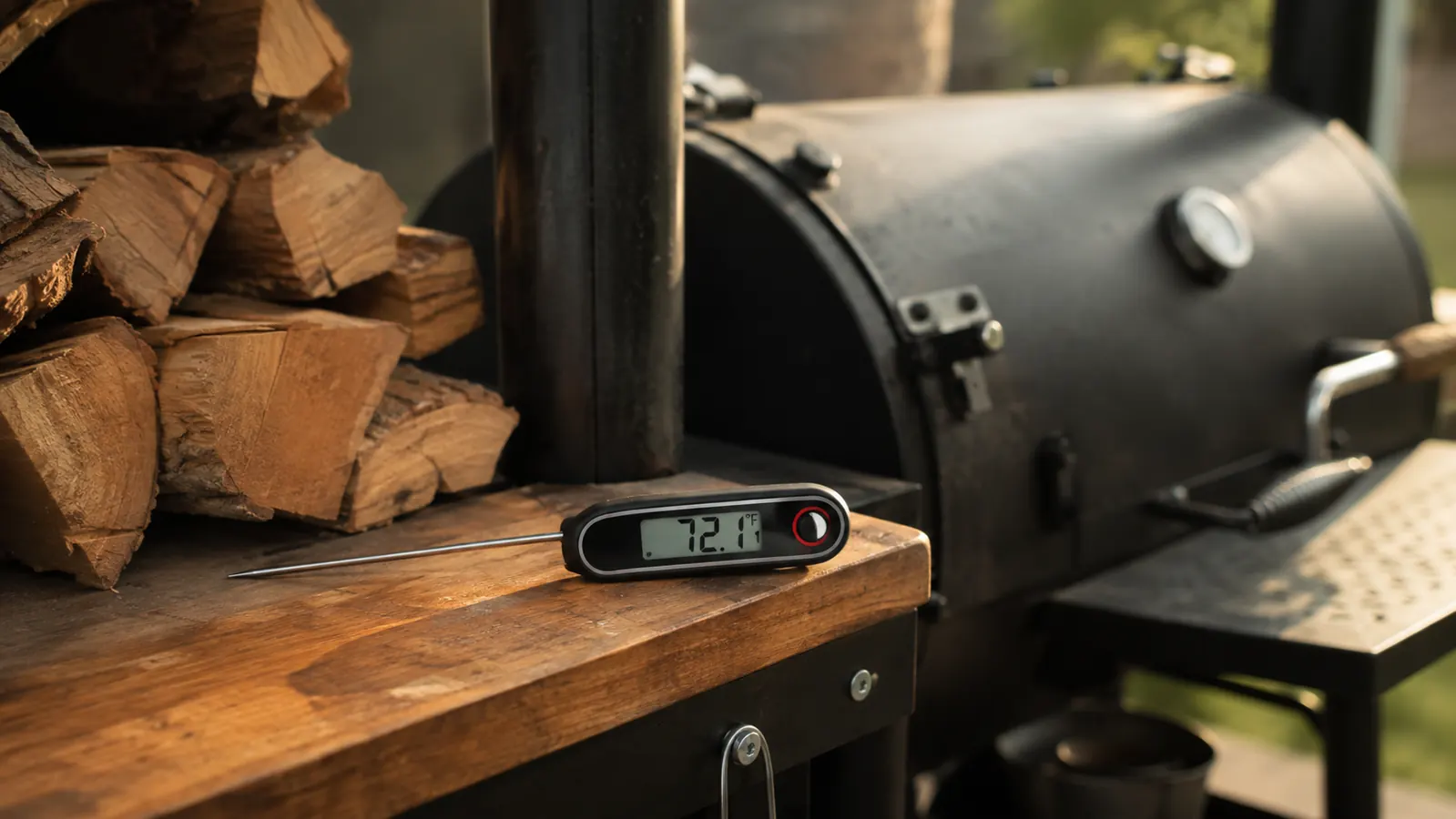 A digital instant-read meat thermometer on an outdoor side shelf near a stack of split firewood and an offset smoker