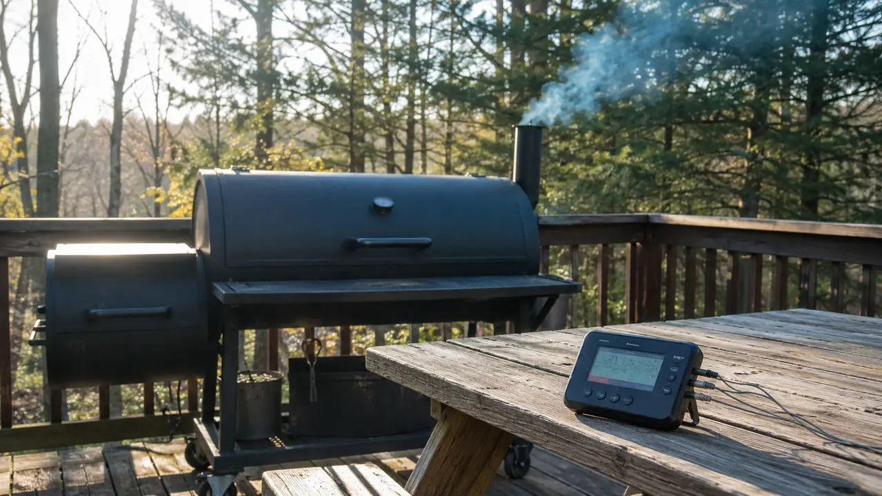 Wireless meat thermometer receiver on a picnic table near an offset smoker with thin smoke from the chimney