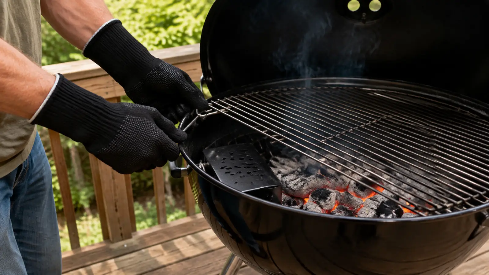 A gloved hand lifting the edge of the grill grate to check the smoker box at the edge of the coals