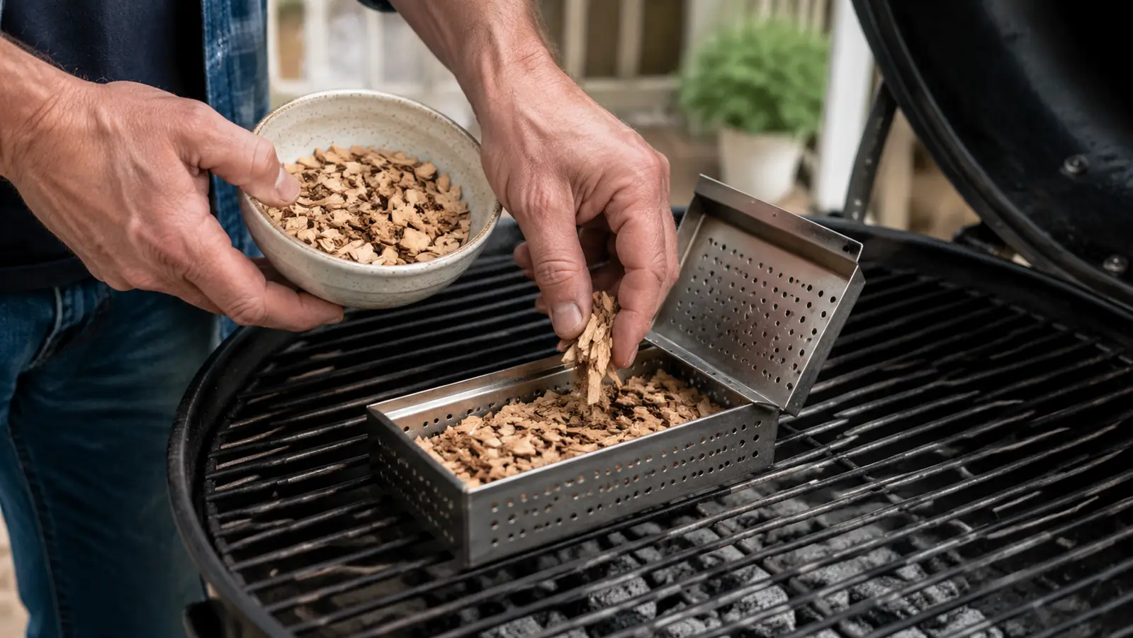 Hands sprinkle dry wood chips into an open smoker box sitting on a grill grate.