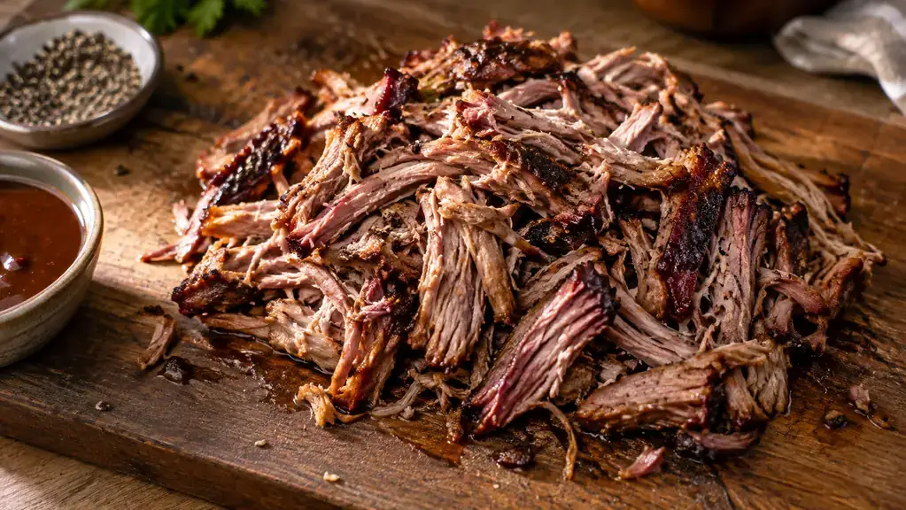 Pulled pork rests on a wooden cutting board next to a pair of serving tongs.