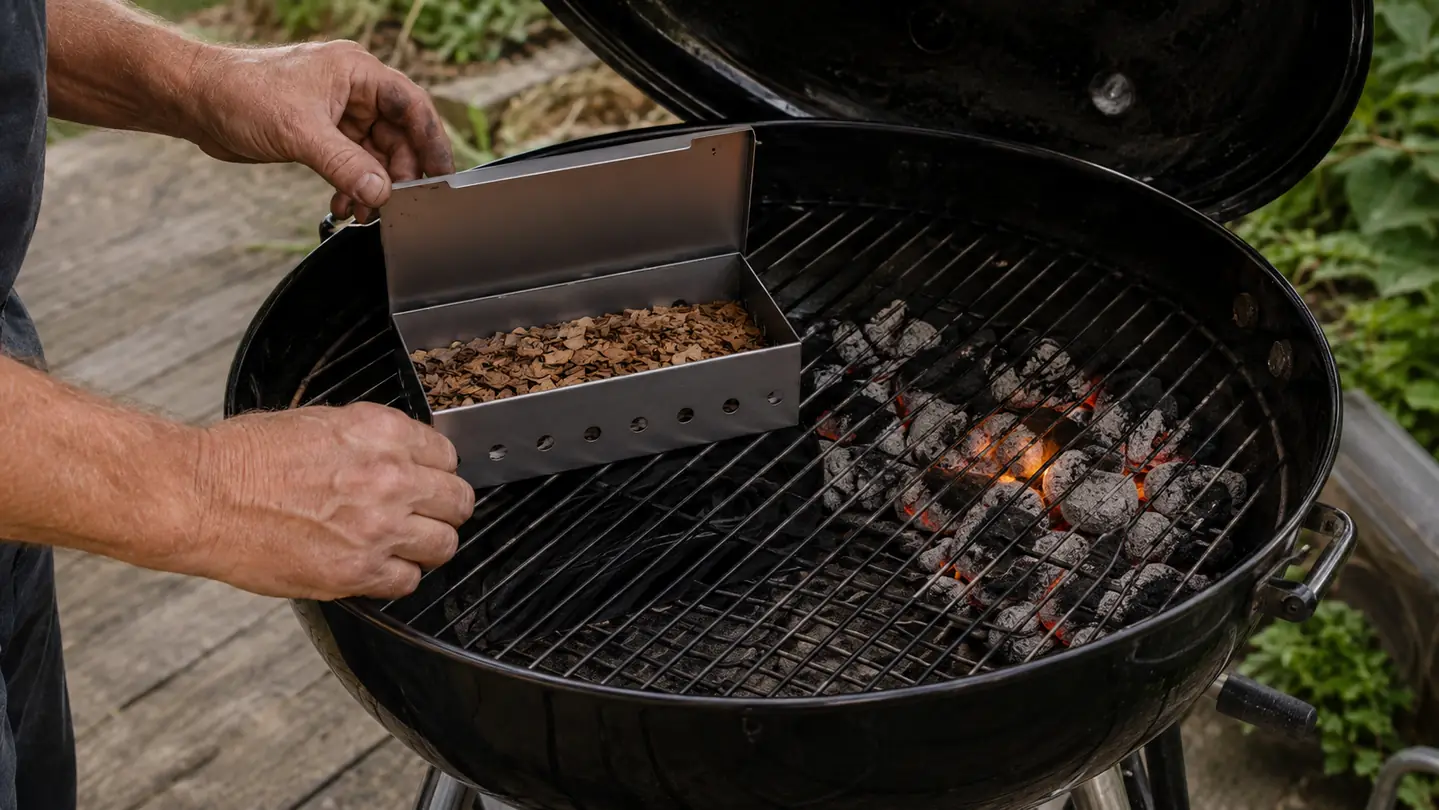 open smoker box filled with wood chips set at the edge of glowing charcoal in a kettle grill