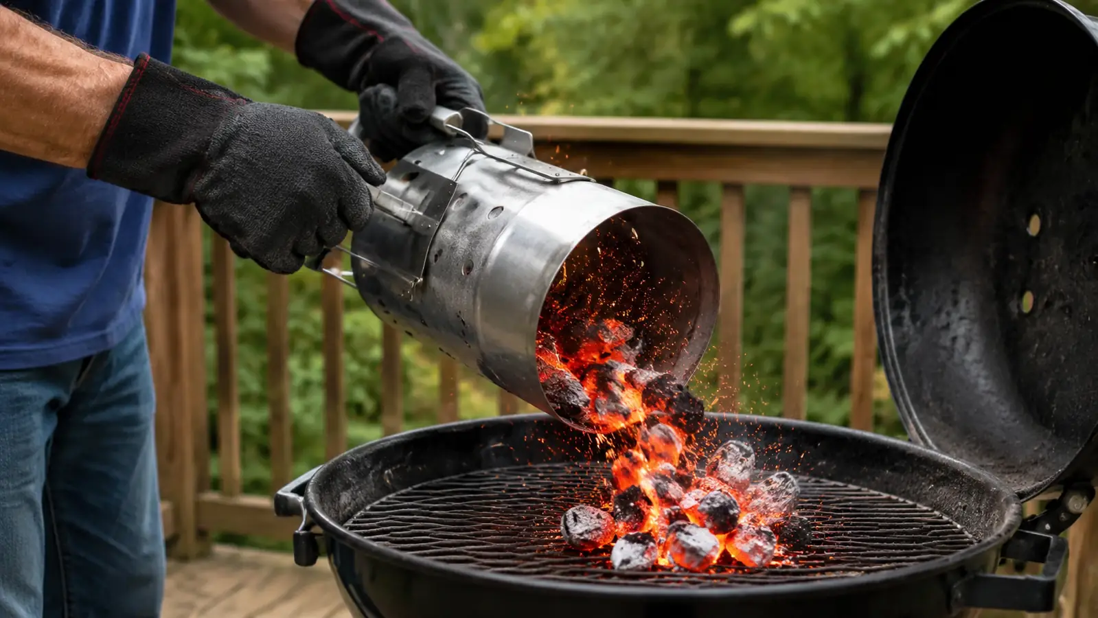 Hands in work gloves tipping a chimney starter to pour glowing coals into a charcoal grill