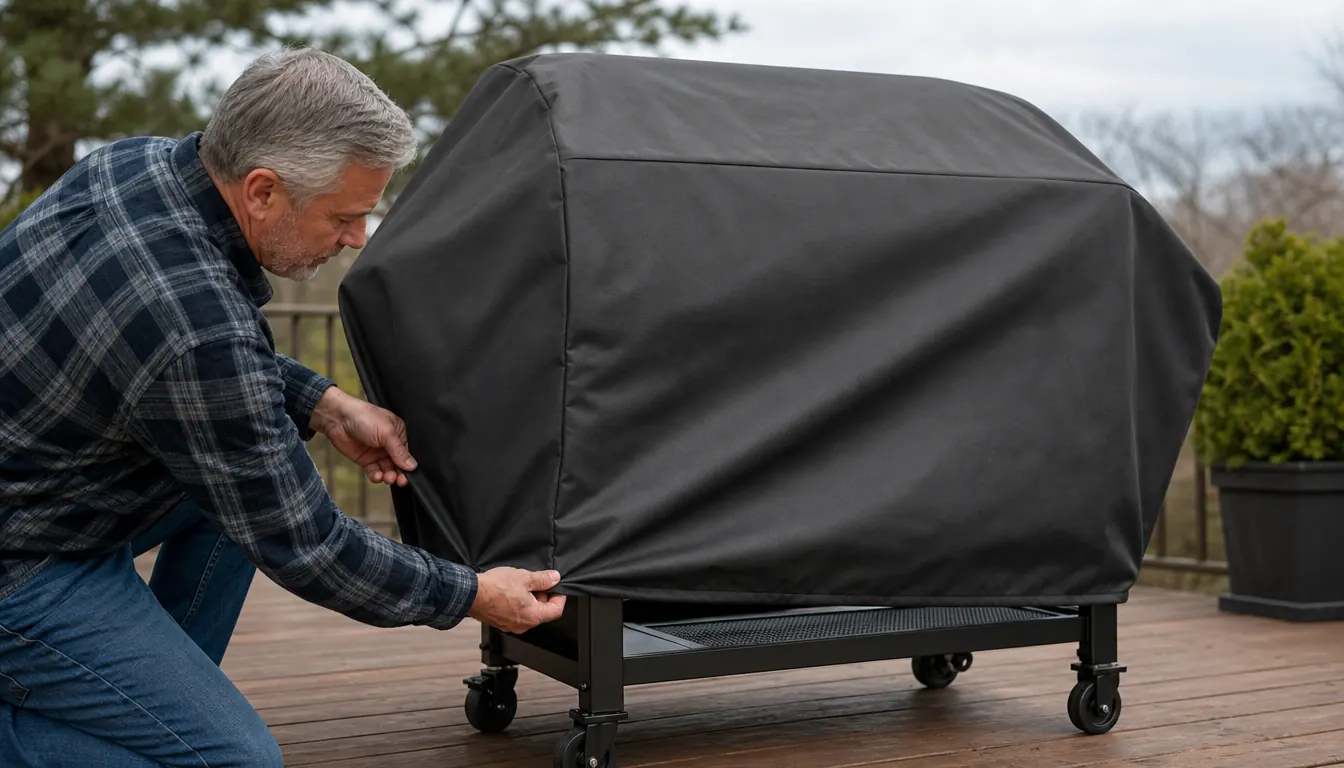 A hand pulling a heavy grill cover down around the base of a grill.
