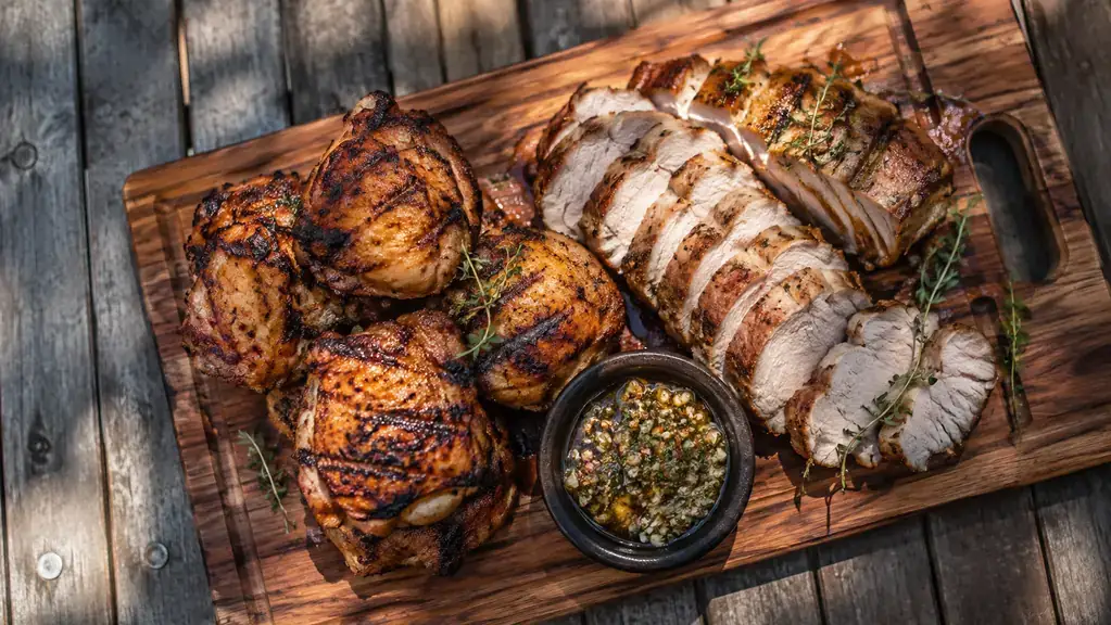 Grilled chicken thighs and sliced pork loin arranged on a wooden cutting board on an outdoor table.