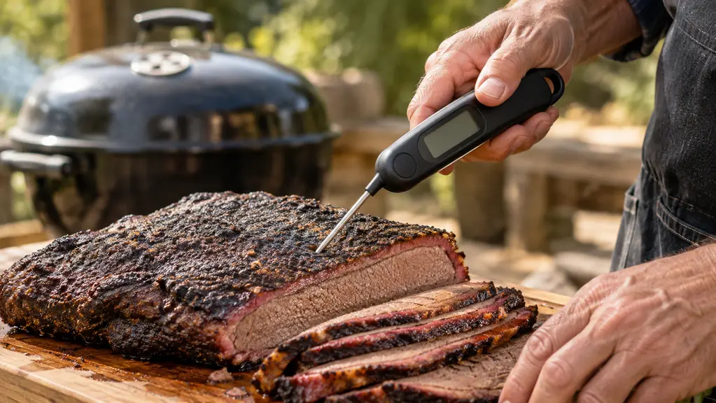 A hand holding a digital instant-read thermometer over sliced brisket on a wooden cutting board
