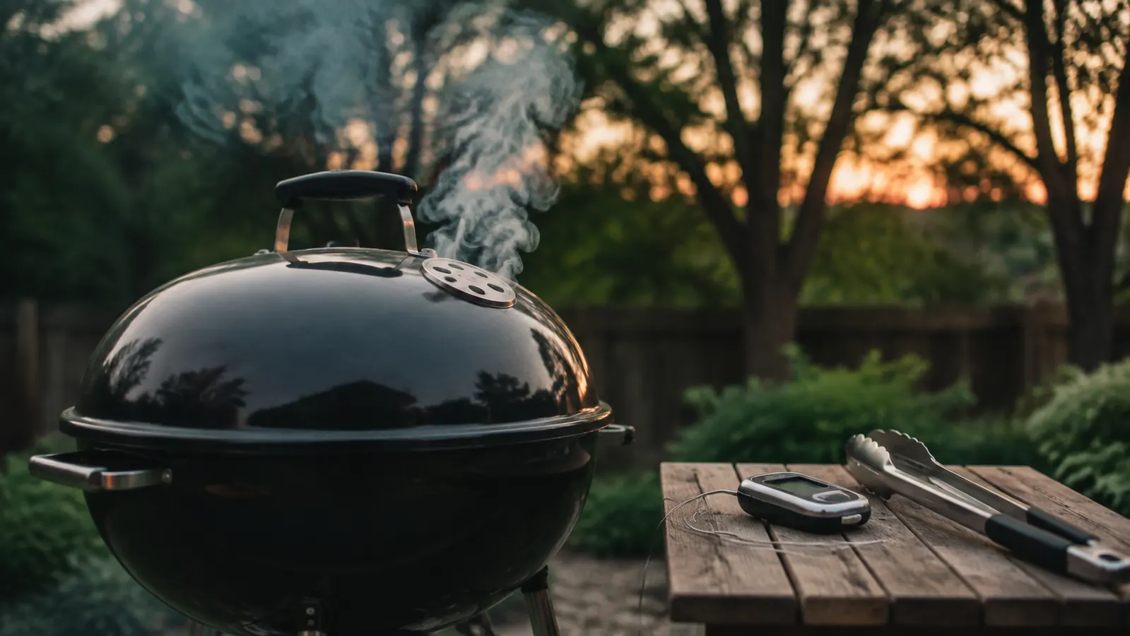 A charcoal grill at dusk with smoke rising and a digital thermometer on the side table